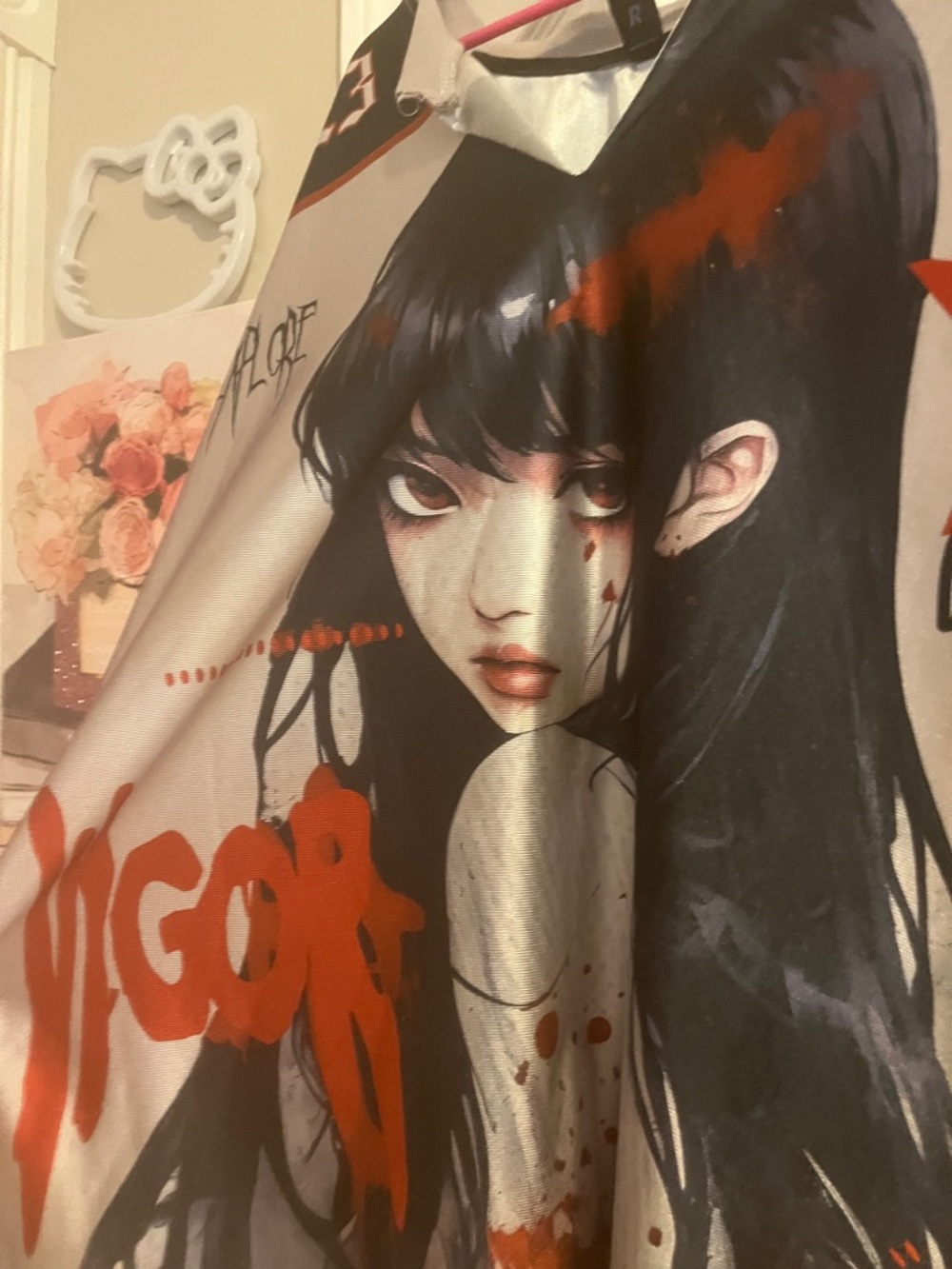 Graphic Anime Girl Oversized Tee in Black, White & Red